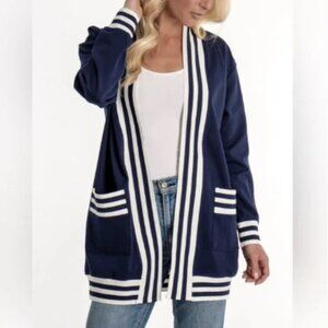 NWT Haute Shore Cody Yacht Navy Blue White Open Front Pocket Cardigan Top O/S